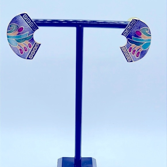 Vintage Cloisonné Enamel Post Back Fan Earrings - Picture 1 of 3